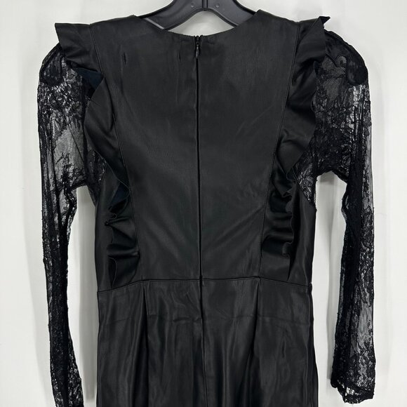 Zara Faux Leather Dress Lace Ruffle Mini Cocktail Sheath Black Sheer Long Sleeve - Picture 6 of 9